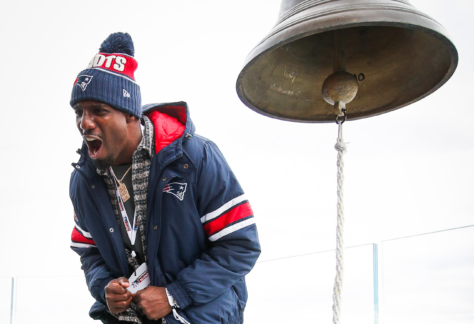 Duron Harmon yelling next to the bell as keeper of the light on January 5.